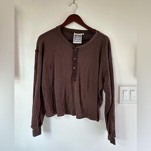 Jungmaven women’s cropped Henley in waffle weave. Medium.